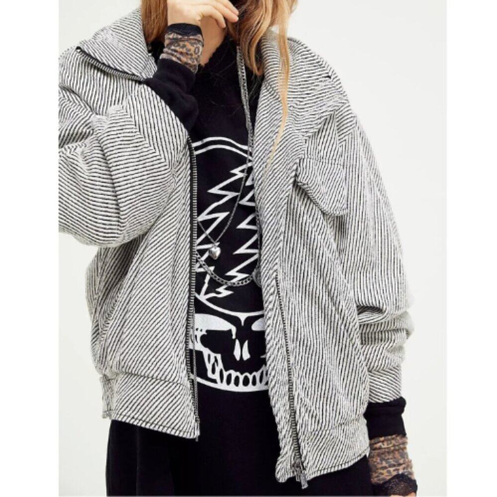 NWT Free People Women's Shane Slouchy Bomber Jacket in Black White Stripe Medium